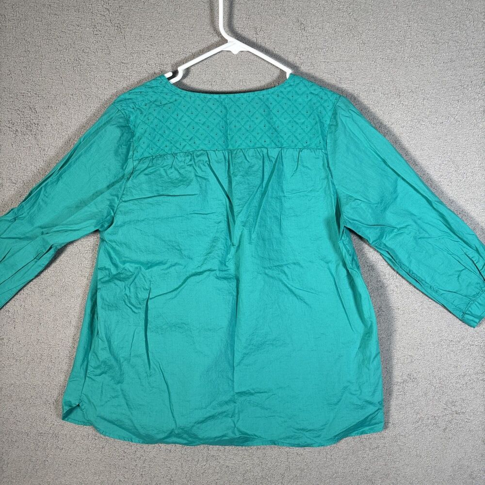 LL Bean Top Women’s Size M Teal Eyelet Chest Tie Neck‎ 3/4 Sleeve Blouse Shirt - Picture 10 of 11
